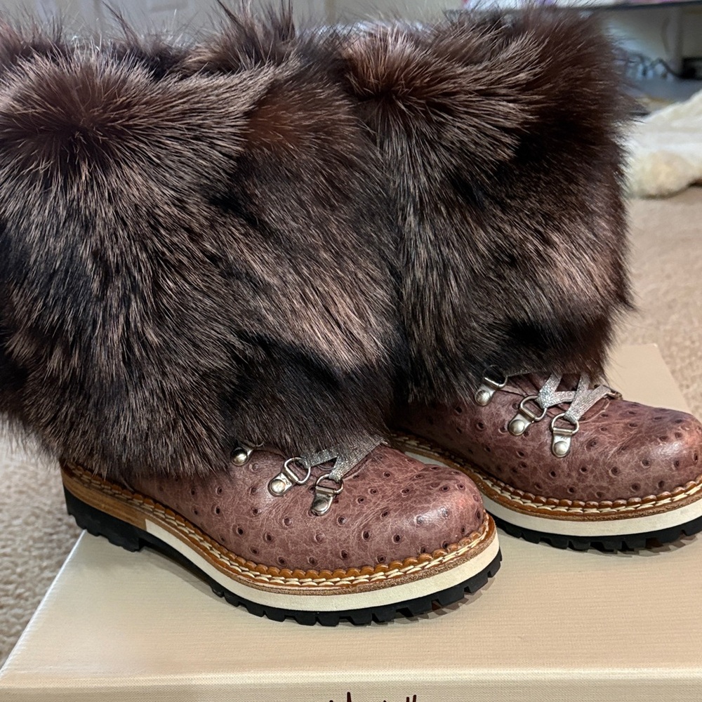Luxurious Genuine Fox Fur-Trimmed Winter Boots in Pink Rose.